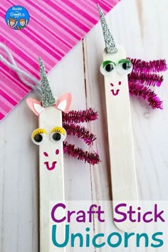 two unicorns made out of popsicle sticks with the words craft stick unicorns on them