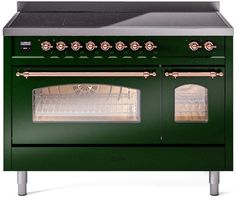 a green stove with two ovens on each side