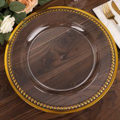 6 Pack 13inch Beaded Clear Gold Acrylic Plastic Round Charger Plate, Wood Plate Chargers, Round Dinner Table, Guest Table Centerpieces, Gold Charger Plate, Glass Charger Plates, Dinner Event, Rim Design, Charger Plate, Tabletop Decor