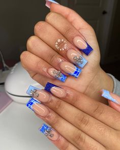 Blue And White Nails French Tip, Blue Short Acrylic Nails Designs, Blue Short Nails Design, Blue Prom Nail Ideas, Sky Blue French Tip 1.5, Blue Short Nails Ideas, Short Blue Acrylic Nails, Blue Short Acrylic Nails, Black And Blue Nails