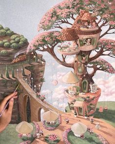 Fairy tree houses •Art•Picture on Instagram: "Welcome to the next stop of our journey "Le Resto" one of the most romantic places in the world of tree houses💕 This place is located high in the mountains, where the clouds are like cotton candy, where the trees are always in bloom…Here you can taste the most delicious fragrant croissants and enjoy the picturesque view⛰ ••••••••••••••••••••••••••••••••••••••••••••• Ласкаво прошу на наступну станцію нашої подорожі «Le Resto » - одне з найромантич Tea In The Morning, Fairy Tree Houses, Waiting For Spring, Outside The Window, Spring Illustration, The Ray, Fairy Tree, Most Romantic Places, Romantic Places