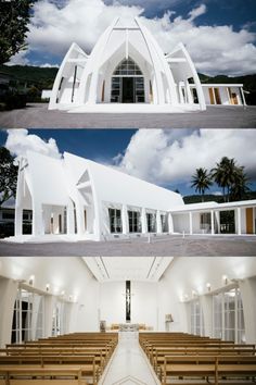 two pictures of the inside and outside of a church with wooden pews on each side