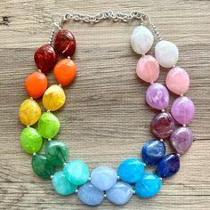 Rainbow Beaded Necklace, Colorful Jewelry, Chunky Statement Necklace, Big Beaded Necklace, Rainbow Jewelry, Rainbow Baby - Etsy Costa Rica Adjustable Rainbow Necklaces With Polished Beads, Adjustable Rainbow Polished Beads Necklace, Rainbow Beaded Necklace, Champagne Jewelry, Big Pearl Necklace, Coral Jewelry Set, Vintage Gold Necklace, Jewelry Chunky, Big Necklace