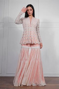 Ritika Mirchandani | Pink Gold Floral Embroidered Anarkali Set | INDIASPOPUP.COM Ritika Mirchandani, Pink Sharara, Embroidered Sharara, Sharara Designs, Net Embroidery, Kurta Sharara, Pakistani Dresses Casual, Traditional Indian Outfits, Indian Gowns