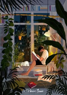 a painting of a person sitting on a window sill with books and plants in front of them