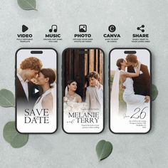 three phone cases with wedding photos on them