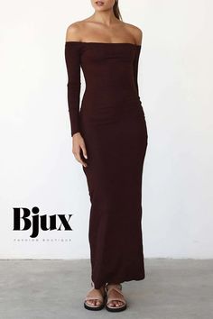 Bjux - Sophisticated Solid Off-the-Shoulder One-Step Skirt Dresses with a Touch of Elegance Black Off Shoulder, Bodycon Maxi Dresses, Long Sleeve Bodycon, Slim Dresses, Flowing Maxi Dress, Glamorous Evening Gowns, Solid Black, A Line Dress, Off Shoulder