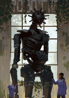 two people standing next to a robot in front of a window with ivy growing on it