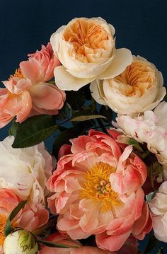 an arrangement of pink and white flowers on a blue tablecloth with green leaves in the center