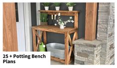 a wooden shelf with potting plants on it and the words 25 + potting bench plans