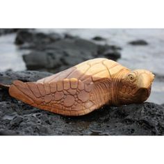 a carved turtle laying on the rocks by the water