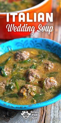 a bowl of italian wedding soup with meatballs and spinach on the side next to two bowls of salad