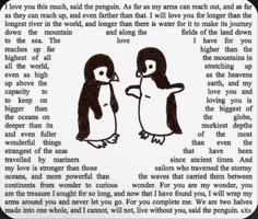 two penguins standing next to each other in front of a page with words on it