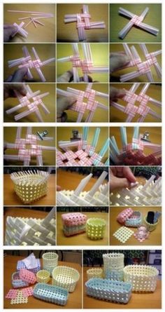 several pictures of different types of objects made out of plastic straws and paper strips