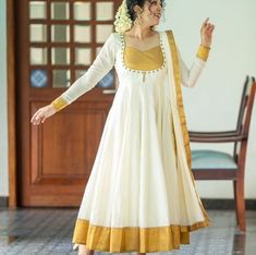 Long Frock Neck Designs For Women, Onam Dress Churidar, Madhuramveppu Dress, Neck Design For Frock, Long Frocks Neck Designs, Onam Dress Ideas, A Line Frock, Anarkali Design, Onam Dress