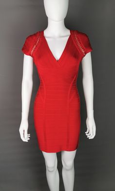 Turn some heads in this stunning Herve Leger by Max Azria bandage dress.  Iconic figure hugging dress in the signature bandage style with crochet detailing to the capped sleeves.  It is a gorgeous vibrant lipstick red colour and is in great condition!  Zips up the back with a zipper fastening.  Labelled for Herve Leger by Max Azria, size S.  90% rayon with nylon and elastane.  Condition: Very Good used condition overall, minor signs of use and wear commensurate with age, a few very tiny marks tu Figure Hugging Dress, Bandage Dress Herve Leger, Lipstick Red, Max Azria, Capped Sleeves, Herve Leger, Red Colour, By Max, Crochet Details