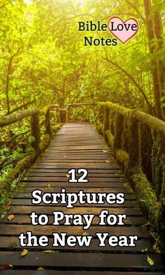 a wooden bridge with moss growing on it and the words, bible love notes 12 scriptures to pray for the new year