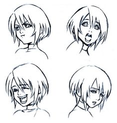 four different faces and hair styles for the character in an animated video game, which is also