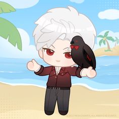 an anime character is holding a bird on his arm and looking at the camera, with palm trees in the background