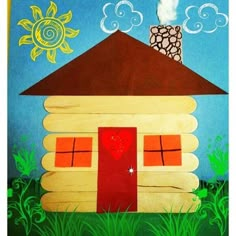 a painting of a house with a red door and chimney in the grass under a blue sky