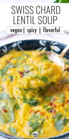 a spoonful of lentil soup in a blue and white bowl with text overlay