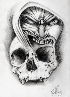 a pencil drawing of a skull with a hood on it's head and eyes