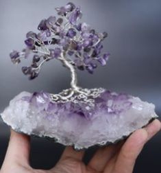 a person holding up a piece of amethorate with a tree on it