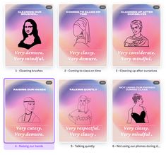 six different types of women's avatars in pink, purple and blue colors