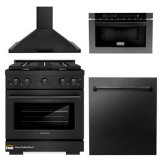 four different stoves and ovens are shown in black