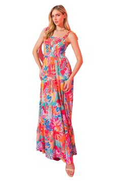 Flying Tomato Tropical Print chiffon woven maxi dress featuring straight neckline with ruffle edge, shoulder ties, smocked front & back bodice and tiered skirt. Skirt lined. Soft and comfortable flowy fit. Color: Pink Blue, Flamingo pink, orange, yellow, mint, light pinkSizes: S-M-L Bust 34-36-38, Length 58Our model is 5' 8" wearing a small, approx length 58 100% Polyester, importedE5/ID19483 Flying Tomato, Tropical Print Dress, Print Chiffon, Tropical Print, Pink Blue, Pink Dress, Smocking, Bodice, Print Dress