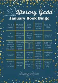 the library gadd january book bingo game with gold confetti and blue background