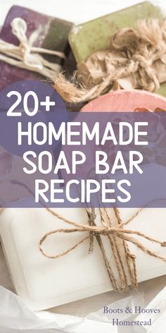 soap bar wrapped in twine with text overlay reading 20 homemade soap bar recipes