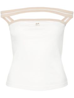 white/beige cotton lightweight jersey contrasting trim embroidered logo to the front front neck strap square neck sleeveless scoop back straight hem White Compressive Sportswear Tops, Luxury White Sleeveless Top, Luxury Fitted White Tank Top, White Stretch Top With Hollow Out Details, Courreges Top, Bad Liar, Courreges Tank Top, Expensive Stuff, Rib Knit Top