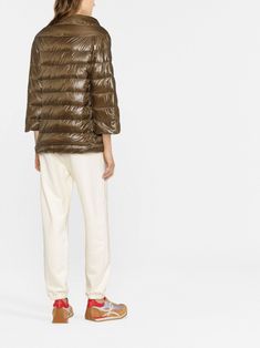 high-neck puffer jacket from HERNO featuring green, cotton blend, metallic effect, down-feather filling, quilted panels, high neck, three-quarter length sleeves and front press-stud fastening. | Herno High-Neck Puffer Jacket Luxury Quilted Jacket With Ribbed Cuffs For Fall, Luxury Brown Down Puffer Jacket, Panel Quilts, Green Jacket, Green Cotton, Puffer Jacket, White Jeans, Top Brands, Puffer