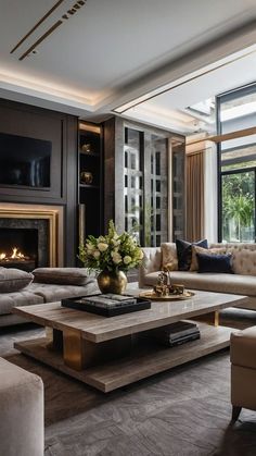 a living room filled with furniture and a fire place in front of a large window