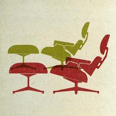 an image of three office chairs with the same color scheme on them, one red and one green