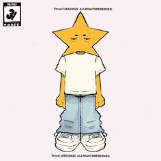 an image of a cartoon character with a star on his head and jeans, standing in front of a white background