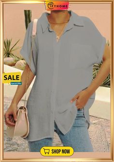 Women Solid Color V Neck Short Sleeve Casual Tunic Blouse Summer V-neck Gray Blouse, Summer Collared Tops In Solid Color, Solid Color Summer Blouse For Work, Non-stretch Short Sleeve Summer Shirt, Non-stretch Short Sleeve Blouse For Beach, Summer Workwear Blouse In Solid Color, Casual Collared Blouse For Summer, Casual Collared Summer Blouse, Casual Summer Collared Blouse