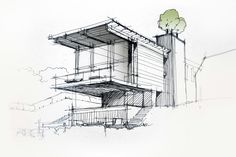 a drawing of a building with stairs and trees on the top floor in front of it