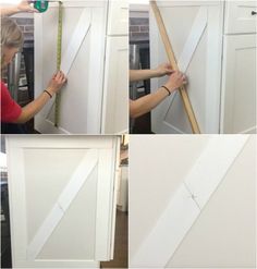 four pictures showing how to make a cabinet door step by step with measurements and tape