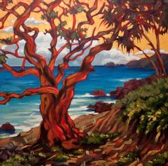 an oil painting of a tree by the ocean