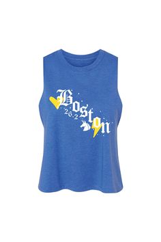 Celebrate running the Boston Marathon with our Boston Marathon tank top. Printed on the perfect racerback crop top. With elongated armholes with raw edge details, this racerback tank is the perfect length crop (not too short, not too long). It will be your new favorite top. Fabrication: 52% combed and ring-spun cotton, 48% poly jersey Sporty Crop Top Tank For Streetwear, Spring Streetwear Racerback Tank Top, Blue Sporty Tank Crop Top, Trendy Sports Crop Top Tank, Summer Sports Vest Crop Top, Trendy Crop Top Tank Top For Sports, Spring Crew Neck Crop Top For Gym, Sporty Graphic Print Tank Crop Top, Spring Sports Graphic Print Crop Top