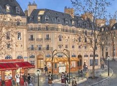 a painting of people walking around in front of a building with many windows and balconies