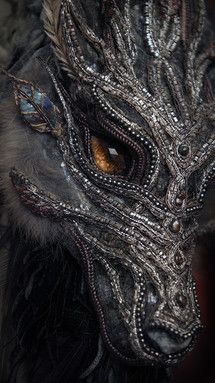 a close up of a mask with an animal's face in the center and feathers around it