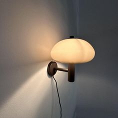 a lamp that is on the wall next to a white wall with a black cord