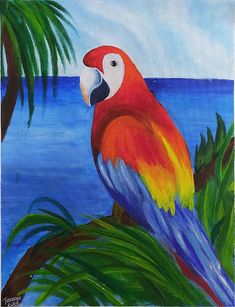 a painting of a colorful parrot perched on a tree branch in front of the ocean