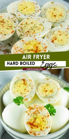 an image of hard boiled eggs in a bowl with parsley on top and the words air fryer above it