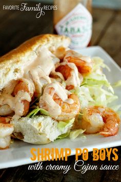 These Shrimp Po Boys bring a spicy kick to any meal, and take less than 15 minutes! The Creamy Cajun Sauce will be your new favorite dressing! Shrimp Po Boy Recipe, Macncheese Recipe, Creamy Cajun Sauce, Ultimate Sandwich, Cajun Sauce, Shrimp Po Boy, Brunch Buffet, Shrimp Dishes