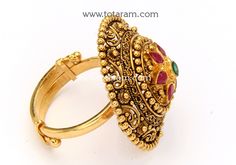 22 Karat Gold 'Adjustable' Ring For Women With Color Stones   Diameter of the Ring : 1.00 inches   Diameter of the Ring for only flower part : 0.45 inches      Note : Minimum Size :   6.5   &   Maximum Size :   9.5 - 235-GR7380 - in 9.800 Grams for USD $899.99.  Made in India by Totaram Jewelers Online this product is in Gold - 22 Karat BIS Hallmark 916 KDM Gold  & is an excellent gift for Adult - Women. Ships fully insured with secured guaranteed delivery for free with your order over $ 22k Gold Ring, 22k Gold Jewelry, Parts Of A Flower, Gold Rings Jewelry, Color Stones, Gold Jewelry Indian, Rings Jewelry, Online Jewelry Store, Ring For Women