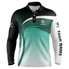 Mens golf polo shirts custom name black, white and green golf tourname – ChipteeAmz Business Uniform Design, Cricket T Shirt, Sport Shirt Design, Polo Shirt Design, Uniform Design, Golf Tournament, Long Sleeve Polo Shirt, Mens Golf, Jersey Design